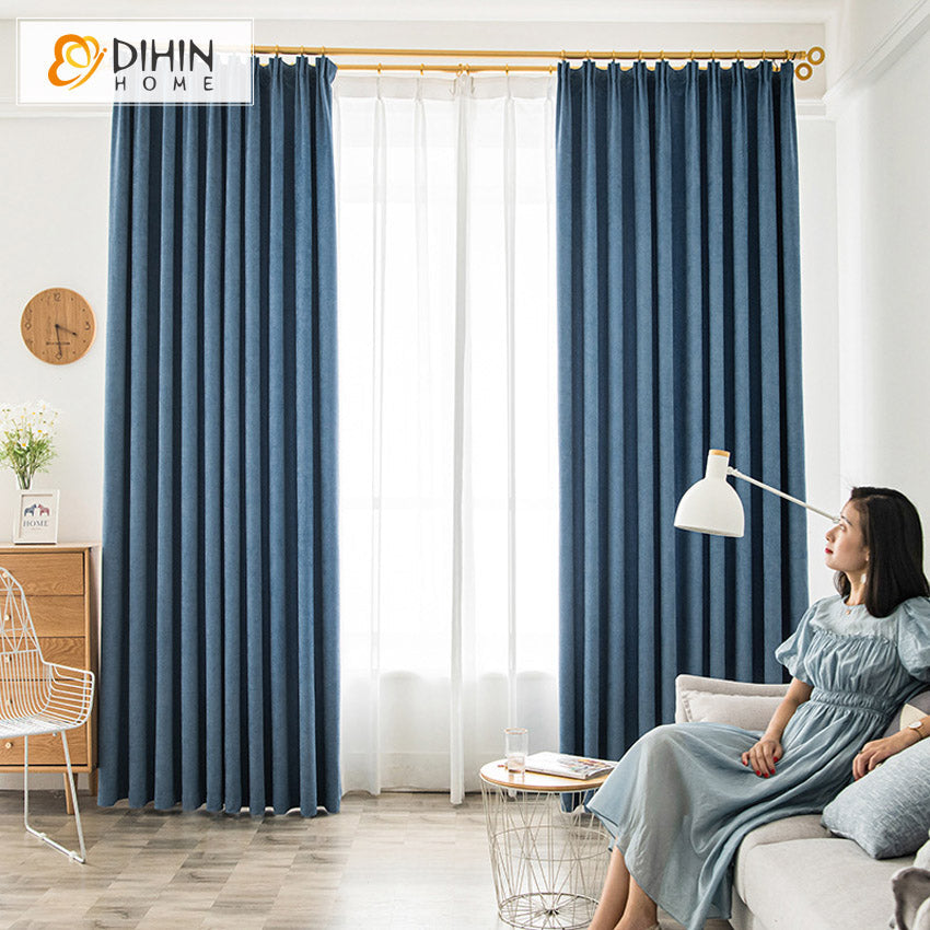 DIHINHOME Home Textile Modern Curtain DIHIN HOME Modern Cotton Linen Thickening Blue Fabric,Blackout Grommet Window Curtain for Living Room ,52x63-inch,1 Panel