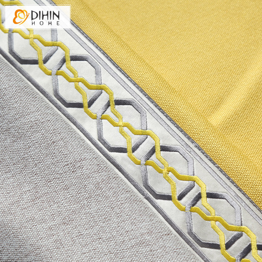 DIHINHOME Home Textile Modern Curtain DIHIN HOME Modern Cotton Linen Yellow and Grey Stitching Curtains With Lace,Grommet Window Curtain for Living Room,52x63-inch,1 Panel