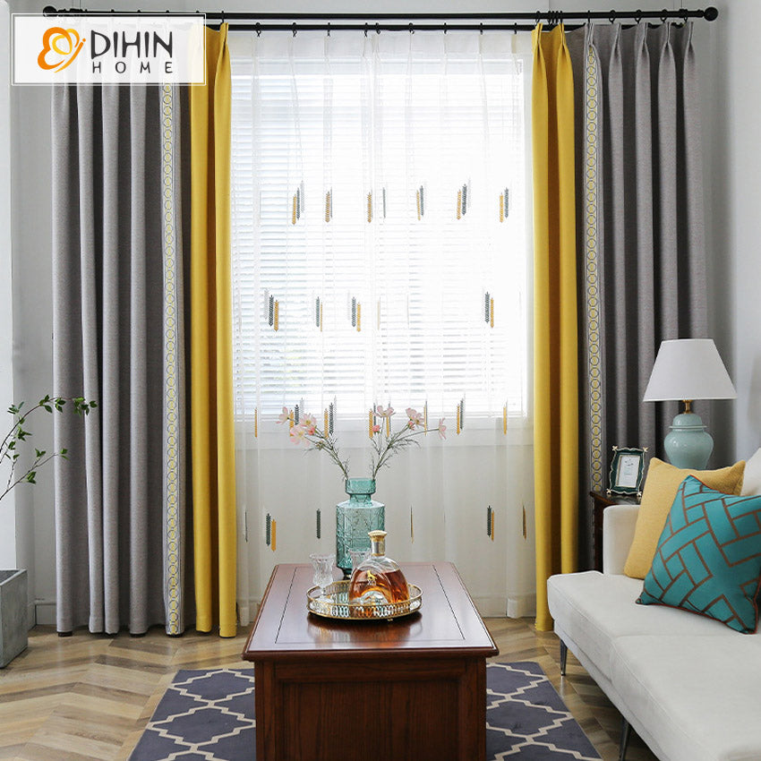 DIHIN HOME Modern Cotton Linen Yellow and Grey Stitching Curtains With Lace,Grommet Window Curtain for Living Room,52x63-inch,1 Panel