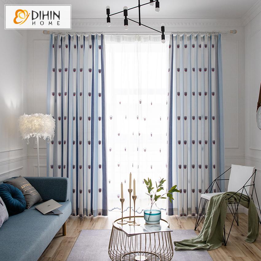 DIHIN HOME Modern Fashion Blue Embroidered Striped Curtains,Blackout Curtains Grommet Window Curtain for Living Room ,52x63-inch,1 Panel