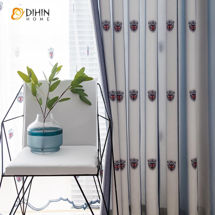 DIHIN HOME Modern Fashion Blue Embroidered Striped Curtains,Blackout Curtains Grommet Window Curtain for Living Room ,52x63-inch,1 Panel