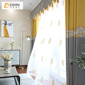 DIHIN HOME Modern Geometric Grey and Yellow Printed Curtain With Valance ,Blackout Curtains Grommet Window Curtain for Living Room ,52x84-inch,1 Panel