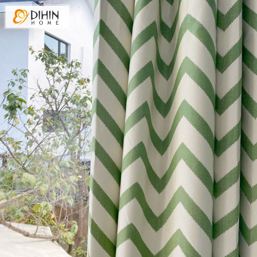 DIHINHOME Home Textile Modern Curtain DIHIN HOME Modern Green Strips Jacquard,Blackout Grommet Window Curtain for Living Room