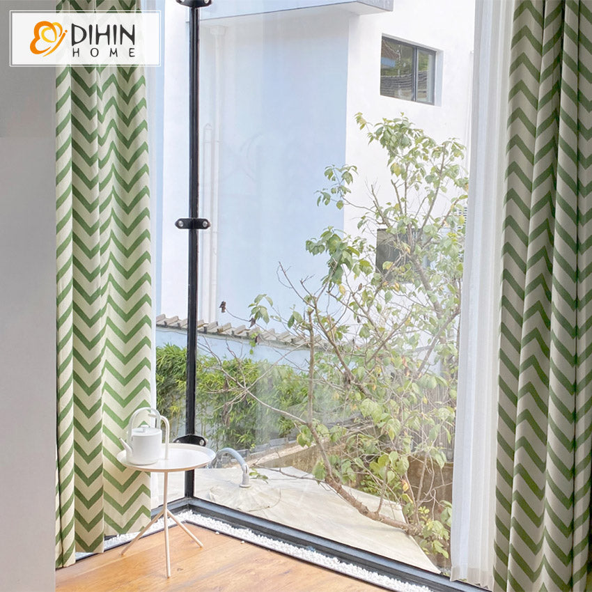 DIHINHOME Home Textile Modern Curtain DIHIN HOME Modern Green Strips Jacquard,Blackout Grommet Window Curtain for Living Room