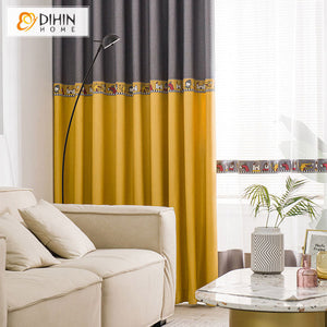 DIHINHOME Home Textile Modern Curtain DIHIN HOME Modern Grey and Yellow Embroidered Stitching Curtain,Blackout Grommet Window Curtain for Living Room ,52x63-inch,1 Panel