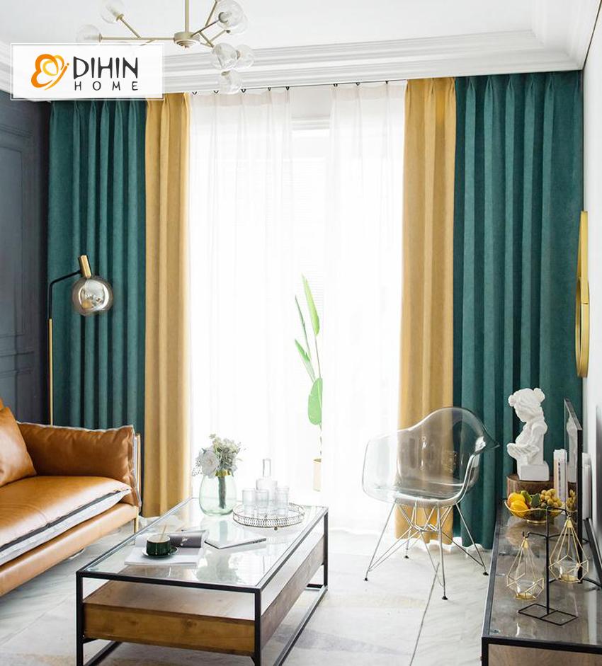 DIHIN HOME Modern High Quality Velvet Fabric Green and Yellow Printed,Blackout Grommet Window Curtain for Living Room ,52x63-inch,1 Panel