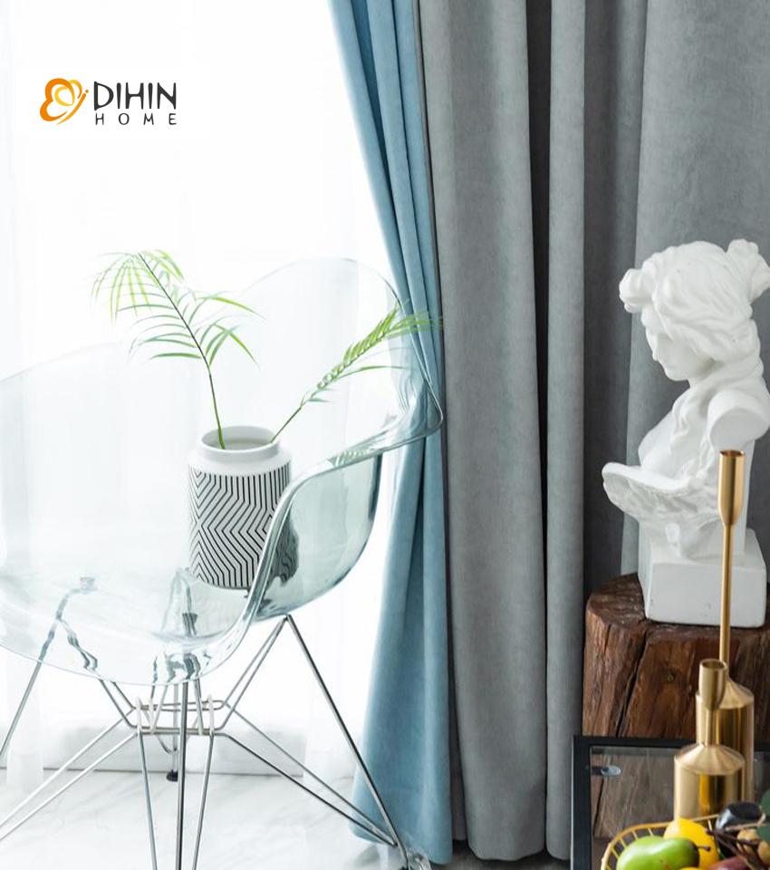 DIHIN HOME Modern High Quality Velvet Fabric Grey and Blue Printed,Blackout Grommet Window Curtain for Living Room ,52x63-inch,1 Panel
