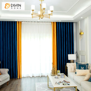 DIHINHOME Home Textile Modern Curtain DIHIN HOME Modern Luxury Velvet Blue and Yellow Customized Valance,Blackout Curtains Grommet Window Curtain for Living Room ,52x84-inch,1 Panel