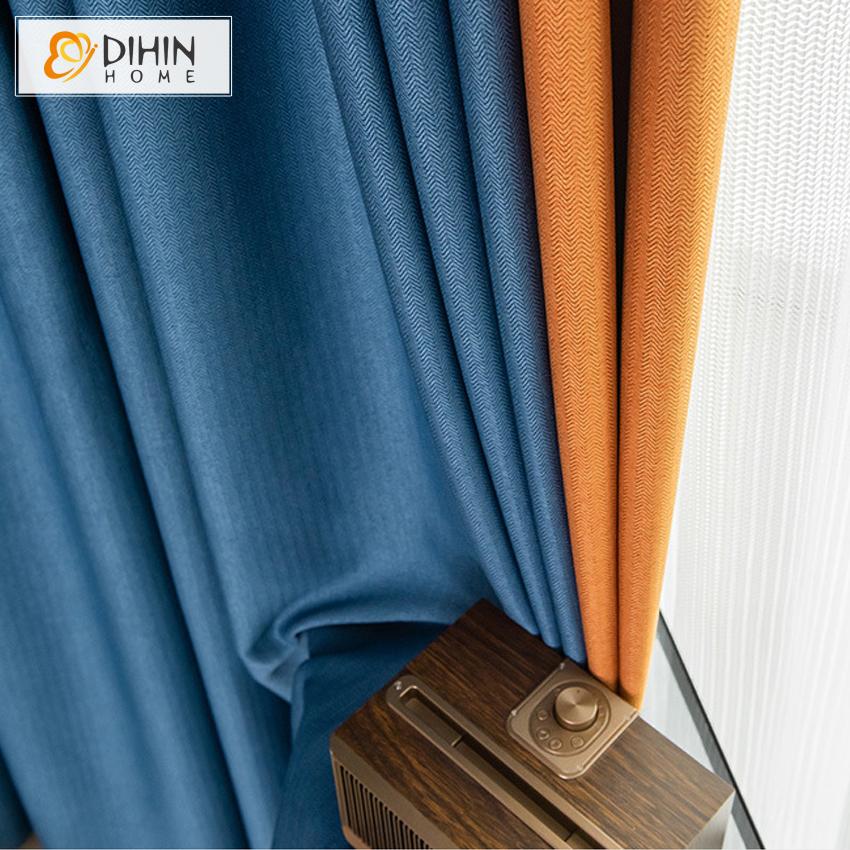 DIHINHOME Home Textile Modern Curtain DIHIN HOME Modern Minimalist Style Blue and Orange Fishbone Pattern Printed,Blackout Grommet Window Curtain for Living Room ,52x63-inch,1 Panel