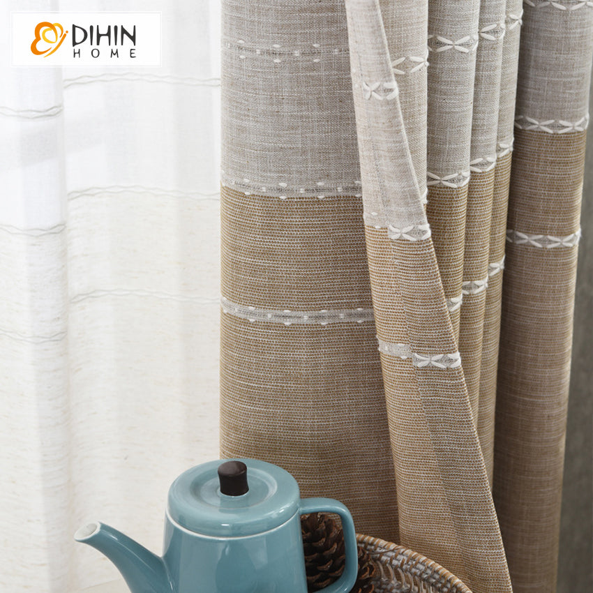 DIHINHOME Home Textile Modern Curtain DIHIN HOME Modern Natural Coffee Color Linen Fabric Embroidered,Blackout Grommet Window Curtain for Living Room ,52x63-inch,1 Panel