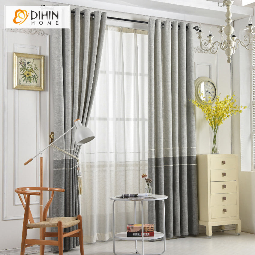 DIHIN HOME Modern Natural Grey Color Linen Fabric Embroidered,Blackout Grommet Window Curtain for Living Room ,52x63-inch,1 Panel