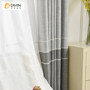 DIHINHOME Home Textile Modern Curtain DIHIN HOME Modern Natural Grey Color Linen Fabric Embroidered,Blackout Grommet Window Curtain for Living Room ,52x63-inch,1 Panel