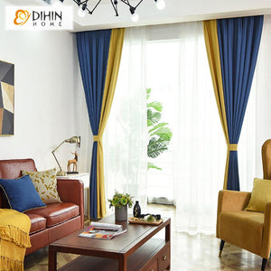 DIHIN HOME Modern Nordic Style Navy Blue and Yellow Color Customized Curtain,Blackout Curtains Grommet Window Curtain for Living Room ,52x84-inch,1 Panel