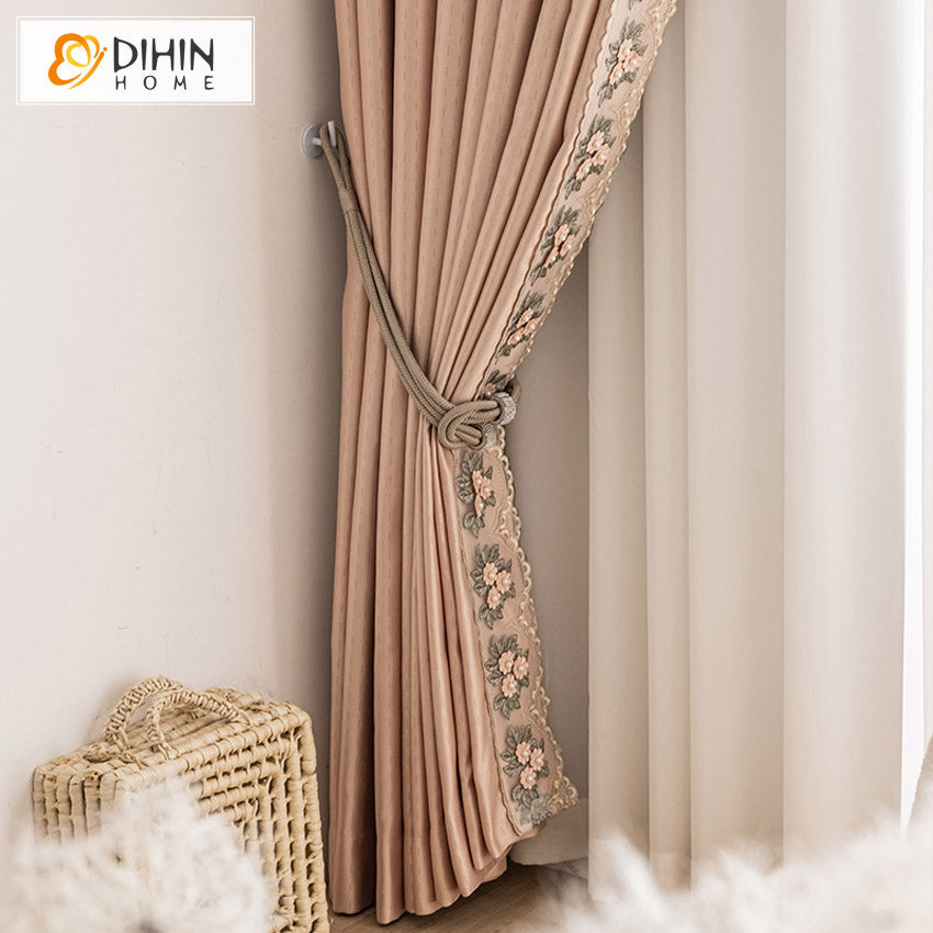 DIHINHOME Home Textile Modern Curtain DIHIN HOME Modern Pink Color With Flowers Lace,Blackout Grommet Window Curtain for Living Room ,52x63-inch,1 Panel