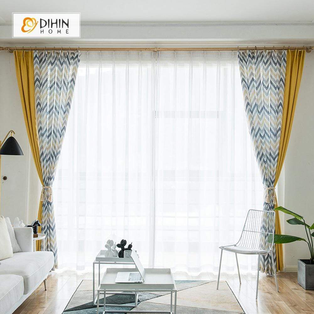 DIHINHOME Home Textile Modern Curtain DIHIN HOME Modern Pure Yellow Spliced Curtains，Blackout Grommet Window Curtain for Living Room ,52x63-inch,1 Panel