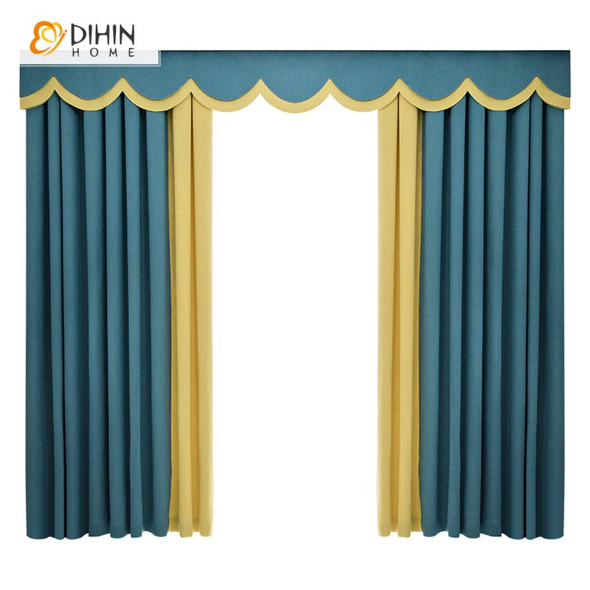 DIHIN HOME Modern Simple Style Blue and Yellow Spliced Curtain With Valance ,Blackout Curtains Grommet Window Curtain for Living Room ,52x84-inch,1 Panel