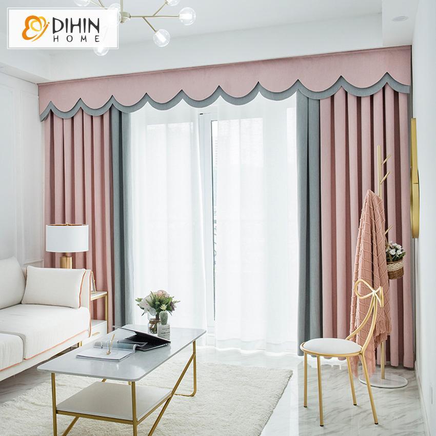 DIHIN HOME Modern Simple Style Pink and Grey Spliced Curtain With Valance ,Blackout Curtains Grommet Window Curtain for Living Room ,52x84-inch,1 Panel