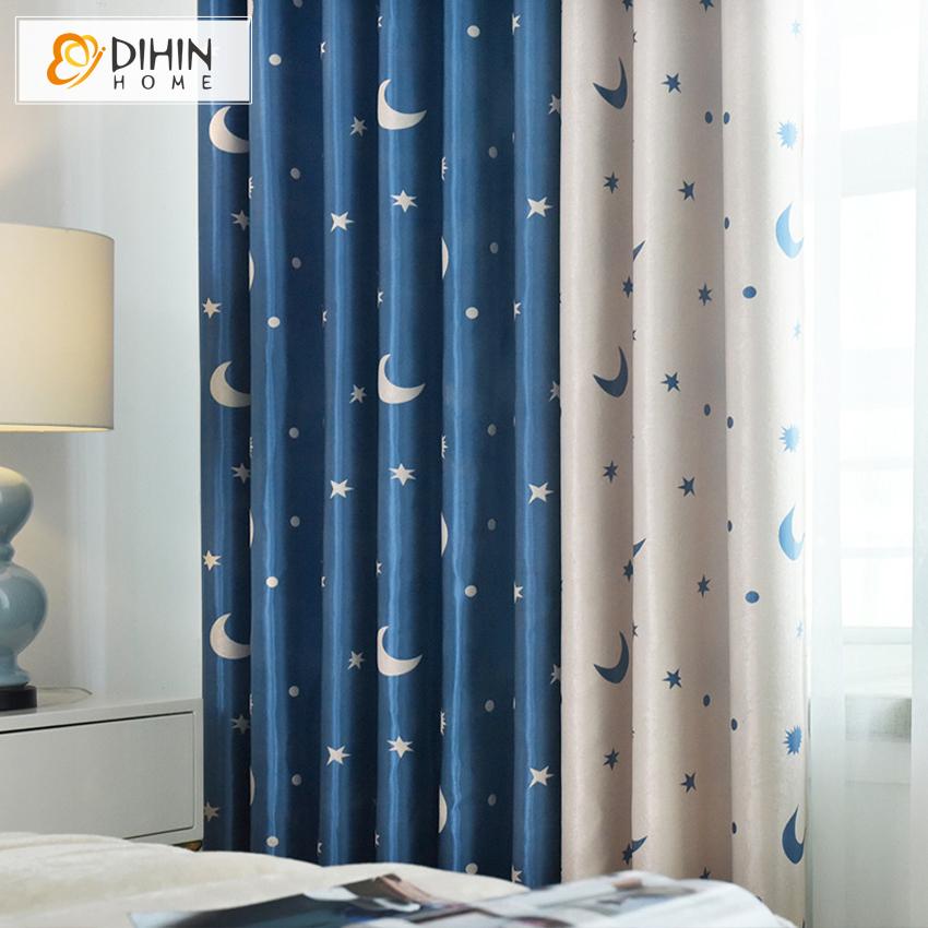 DIHIN HOME Modern Star and Moon High Quality Printed Curtains,Blackout Grommet Window Curtain for Living Room ,52x63-inch,1 Panel