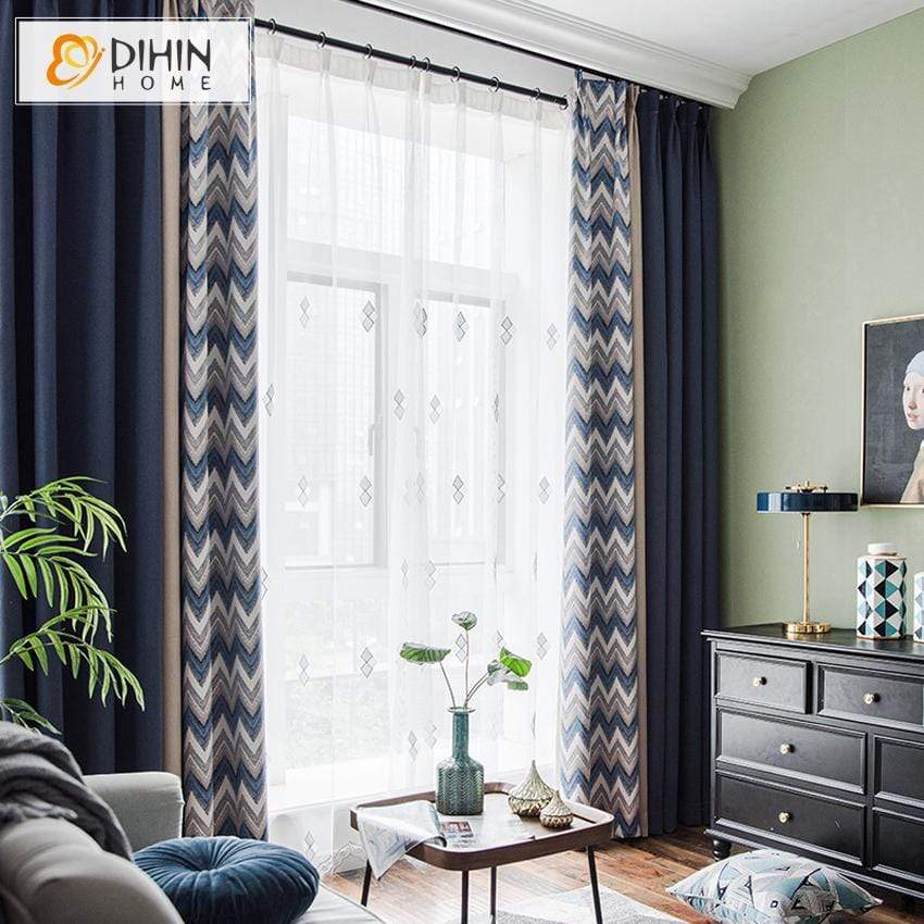 DIHINHOME Home Textile Modern Curtain DIHIN HOME Modern Waves Spliced Curtains，Blackout Grommet Window Curtain for Living Room ,52x63-inch,1 Panel