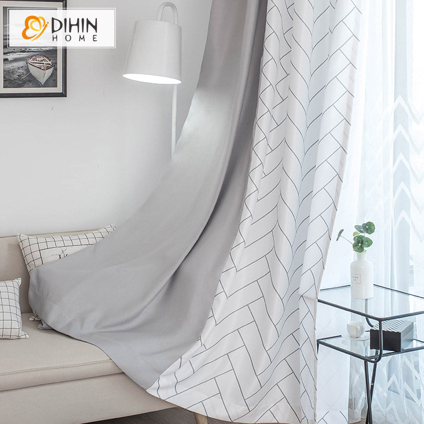 DIHINHOME Home Textile Modern Curtain DIHIN HOME Modern White Geometric With Grey Fabric,Blackout Grommet Window Curtain for Living Room ,52x63-inch,1 Panel