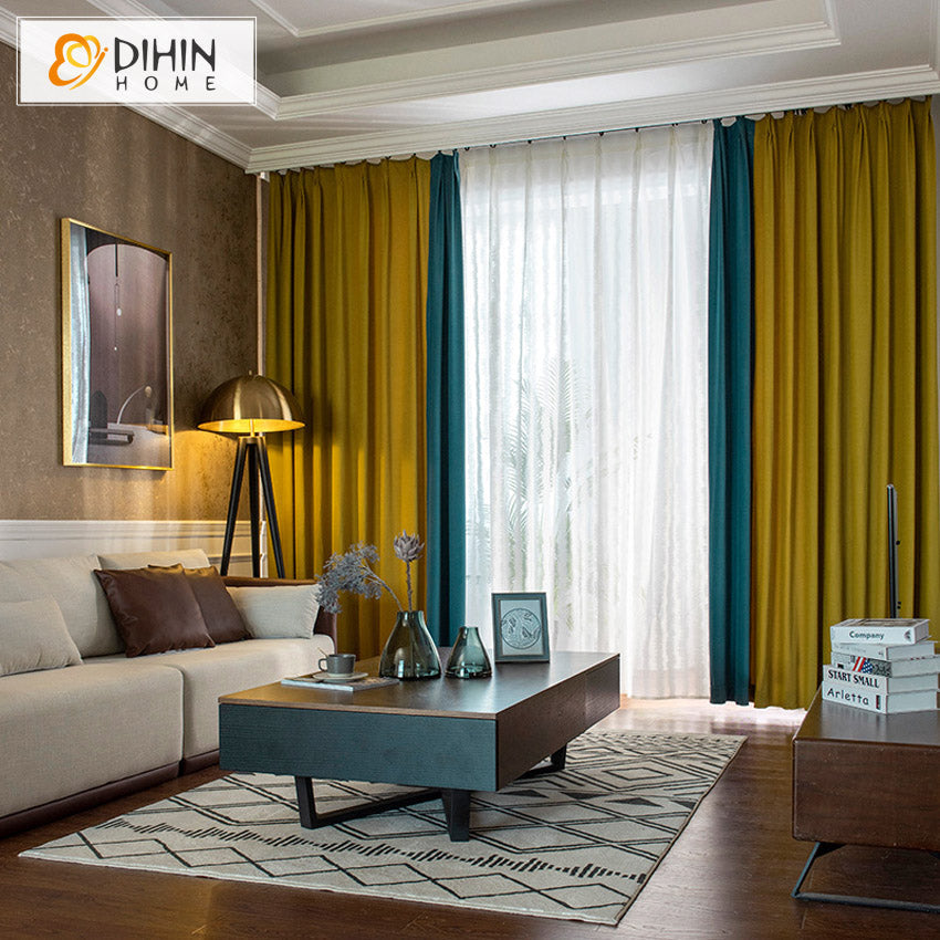 DIHIN HOME Modern Yellow and Blue Color,Blackout Curtains Grommet Window Curtain for Living Room ,52x63-inch,1 Panel