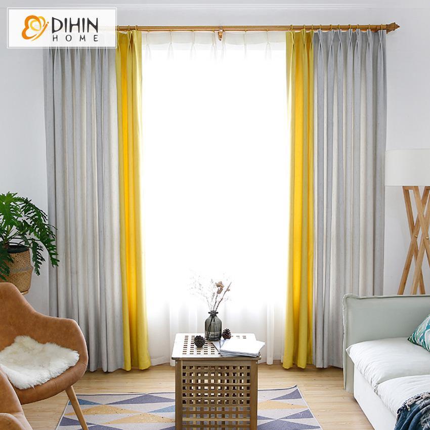 DIHIN HOME Modern Yellow and Grey Cotton / Linen Curtains,Blackout Grommet Window Curtain for Living Room ,52x63-inch,1 Panel