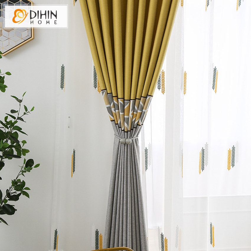 DIHINHOME Home Textile Modern Curtain DIHIN HOME Modern Yellow and Grey Embroidered Curtains,Grommet Window Curtain for Living Room,52x63-inch,1 Panel