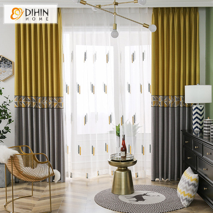 DIHIN HOME Modern Yellow and Grey Embroidered Curtains,Grommet Window Curtain for Living Room,52x63-inch,1 Panel