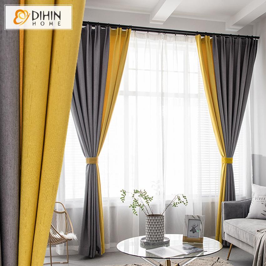DIHIN HOME Modern Yellow and Grey Spliced Printed,Blackout Grommet Window Curtain for Living Room ,52x63-inch,1 Panel
