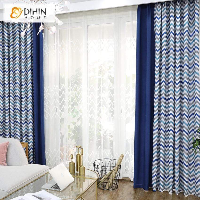 DIHINHOME Home Textile Modern Curtain DIHIN HOME Nordic Blue Spliced Curtains，Blackout Grommet Window Curtain for Living Room ,52x63-inch,1 Panel