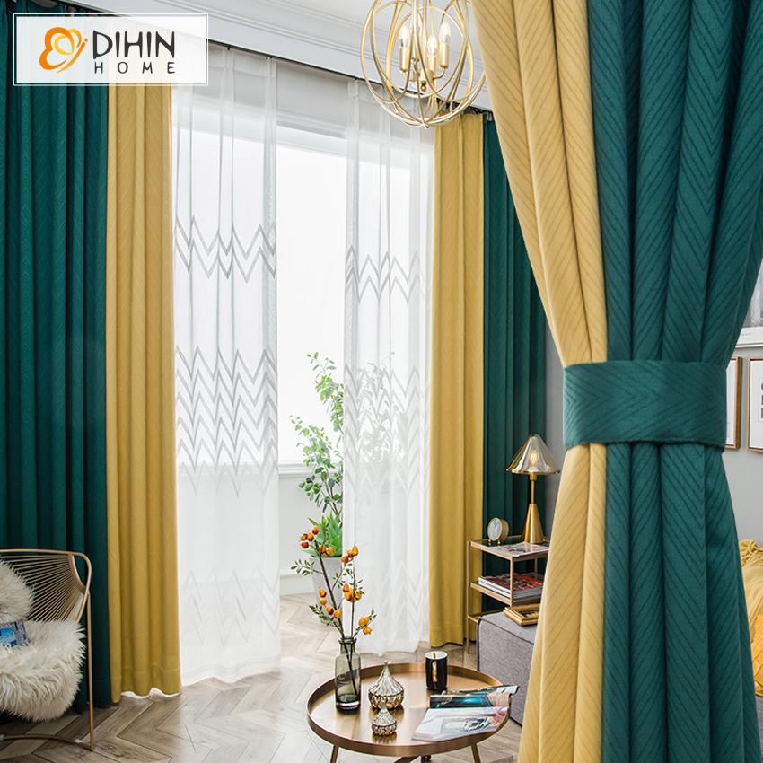 DIHIN HOME Nordic Modern Green and Yellow Waves  Printed,Blackout Curtains Grommet Window Curtain for Living Room ,52x63-inch,1 Panel