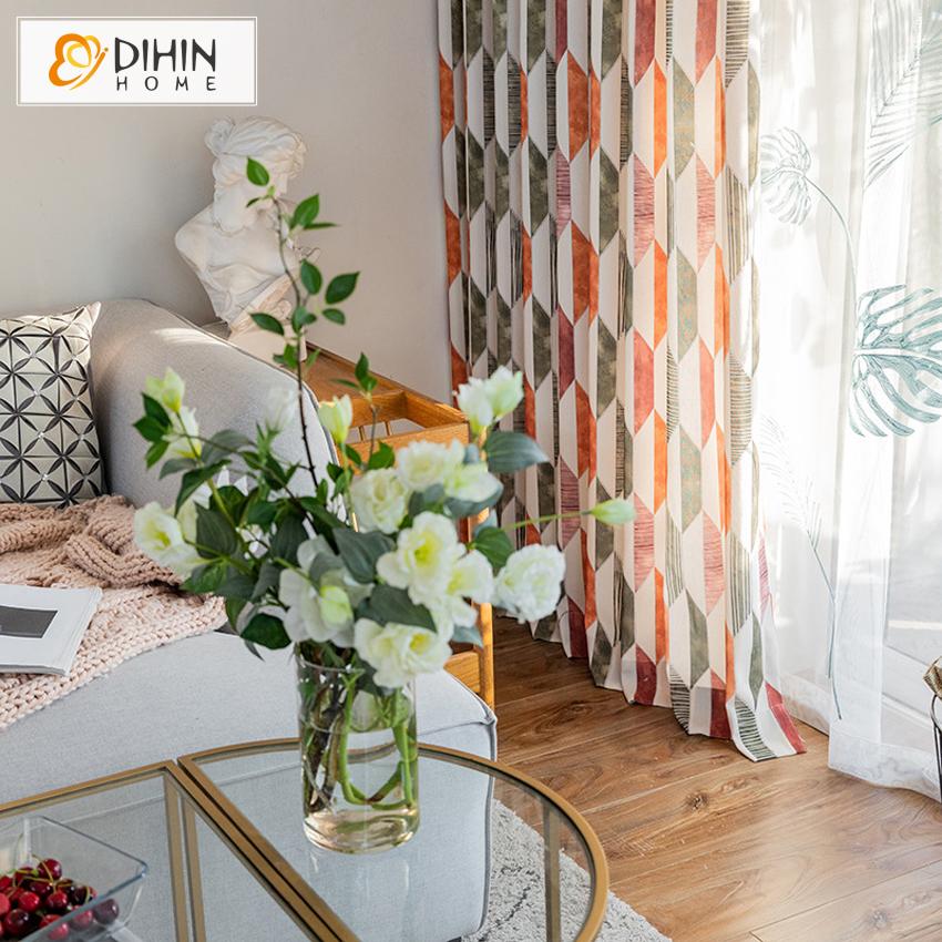 DIHIN HOME Nordic Orange Color Geometry Printed Curtain,Blackout Curtains Grommet Window Curtain for Living Room ,52x84-inch,1 Panel