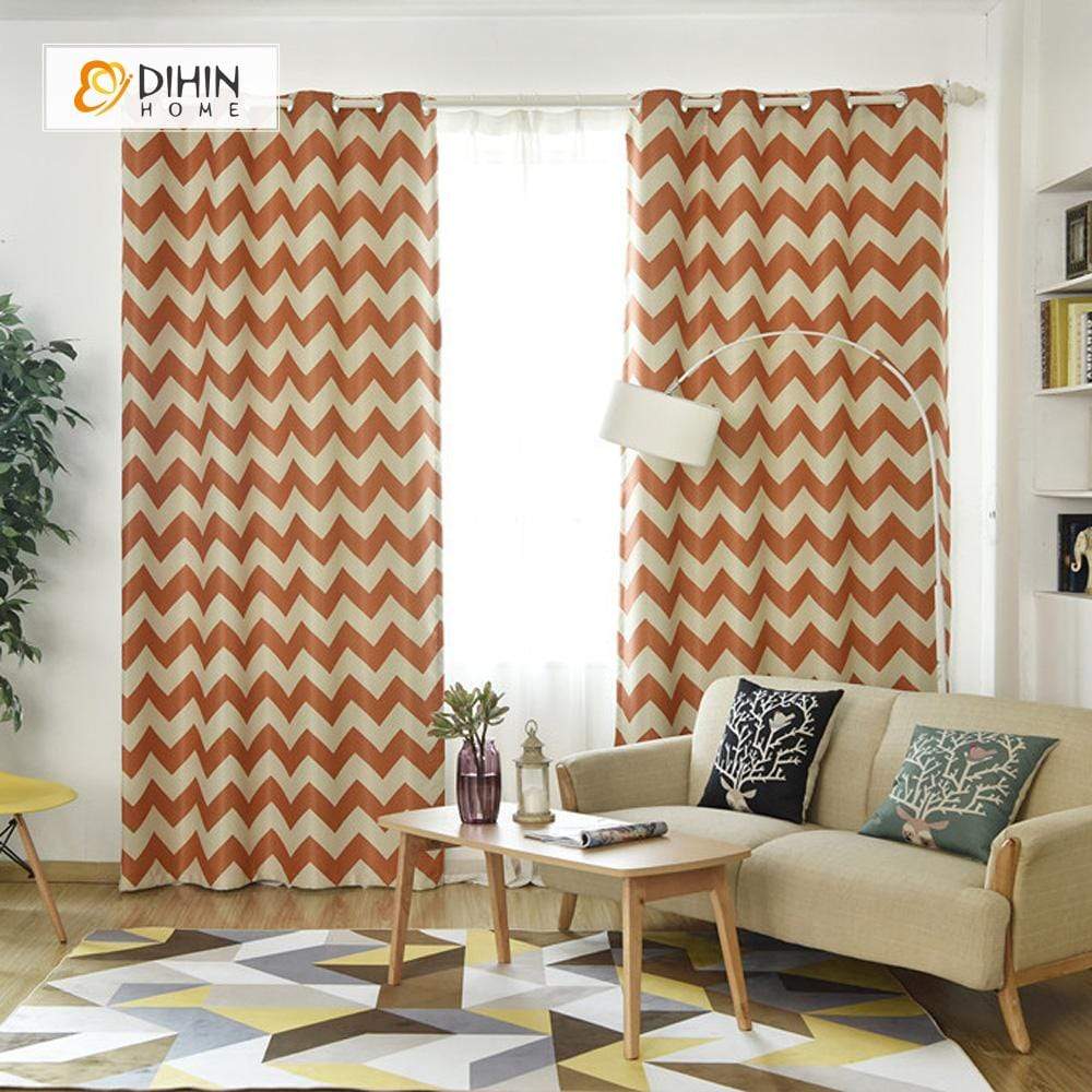 DIHINHOME Home Textile Modern Curtain DIHIN HOME Orange Stripes Printed，Blackout Grommet Window Curtain for Living Room ,52x63-inch,1 Panel