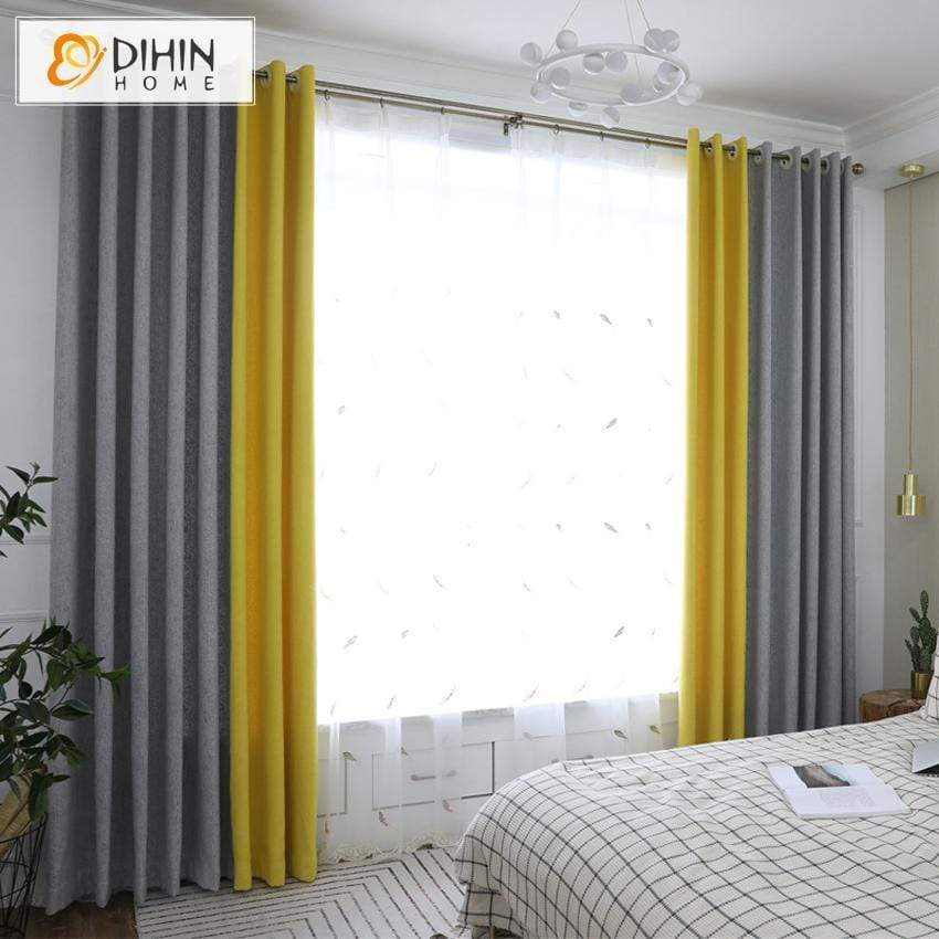 DIHINHOME Home Textile Modern Curtain DIHIN HOME Ordinary Grey and Yellow Printed,Blackout Grommet Window Curtain for Living Room ,52x63-inch,1 Panel