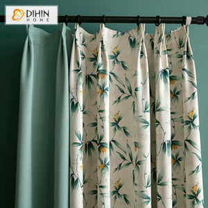 DIHINHOME Home Textile Modern Curtain DIHIN HOME Pastoral American Green Leaves Printed,Blackout Grommet Window Curtain for Living Room ,52x63-inch,1 Panel