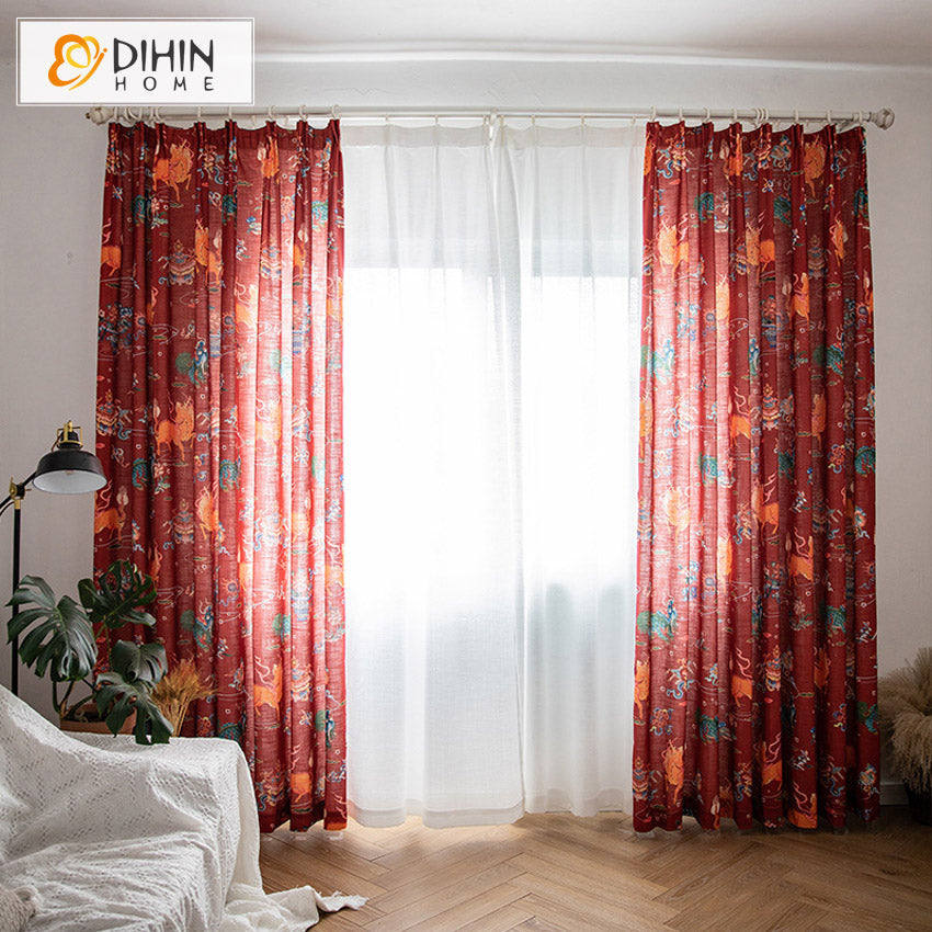DIHINHOME Home Textile Modern Curtain DIHIN HOME Pastoral Retro Linen Brick Red Printed,Blackout Grommet Window Curtain for Living Room,1 Panel