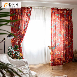 DIHIN HOME Pastoral Retro Linen Brick Red Printed,Blackout Grommet Window Curtain for Living Room,1 Panel