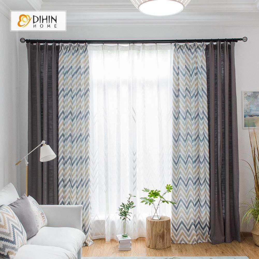 DIHINHOME Home Textile Modern Curtain DIHIN HOME Pixel style Yellow Grey Black Stripes Printed，Blackout Grommet Window Curtain for Living Room ,52x63-inch,1 Panel