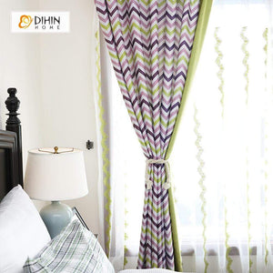 DIHINHOME Home Textile Modern Curtain DIHIN HOME Purple and Green Wave Printed，Blackout Grommet Window Curtain for Living Room ,52x63-inch,1 Panel
