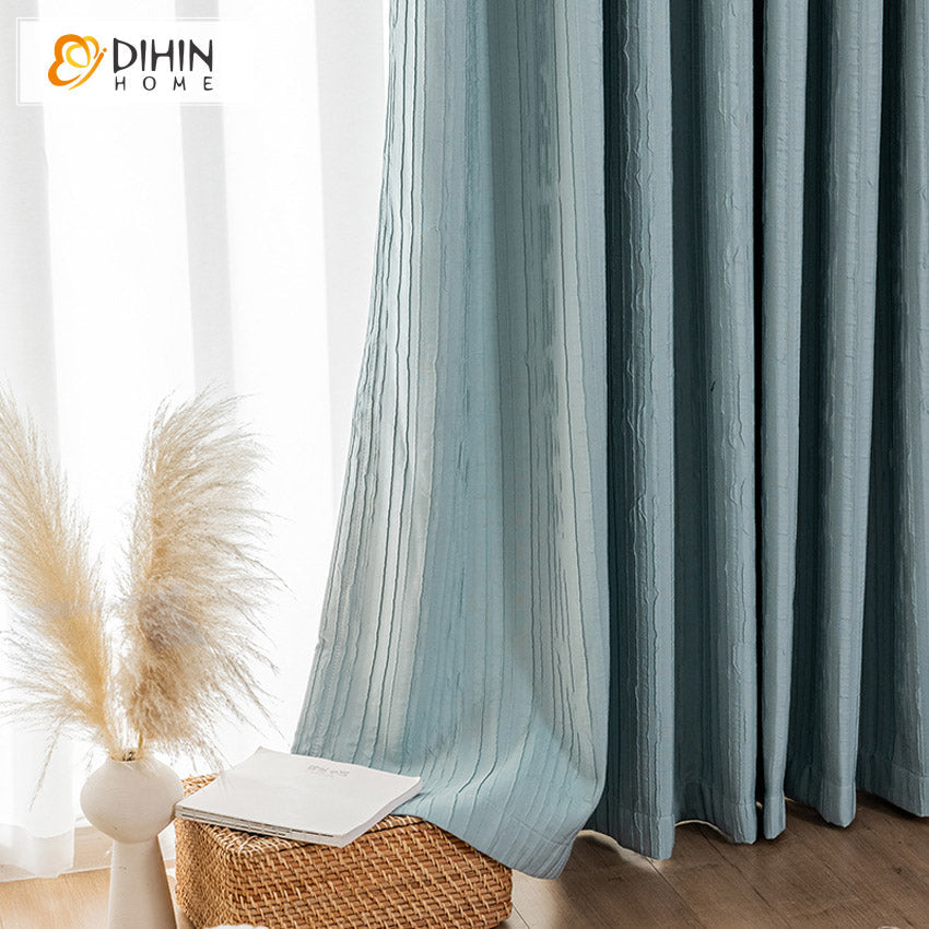 DIHINHOME Home Textile Modern Curtain DIHIN HOME Retro American Vintage Wood Wrinkled Blue Embossing,Blackout Grommet Window Curtain for Living Room ,52x63-inch,1 Panel