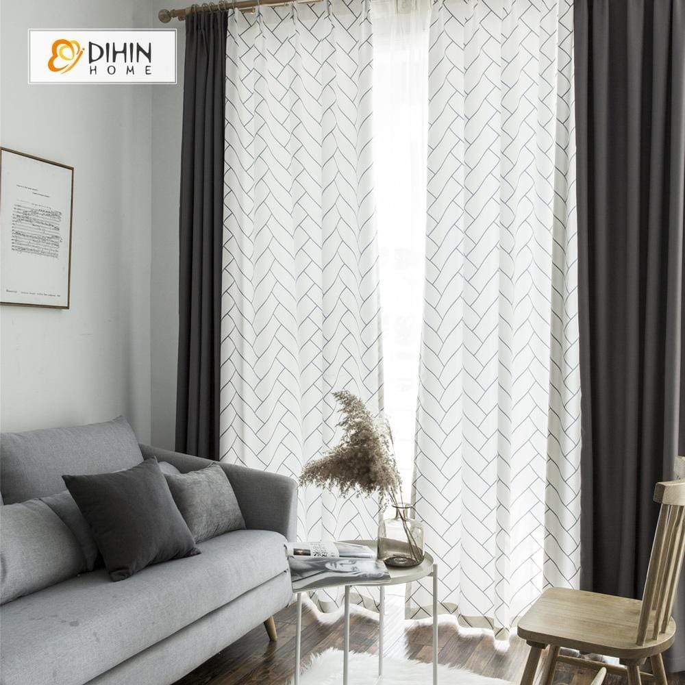 DIHINHOME Home Textile Modern Curtain DIHIN HOME Simple Black Lines Printed，Blackout Grommet Window Curtain for Living Room ,52x63-inch,1 Panel