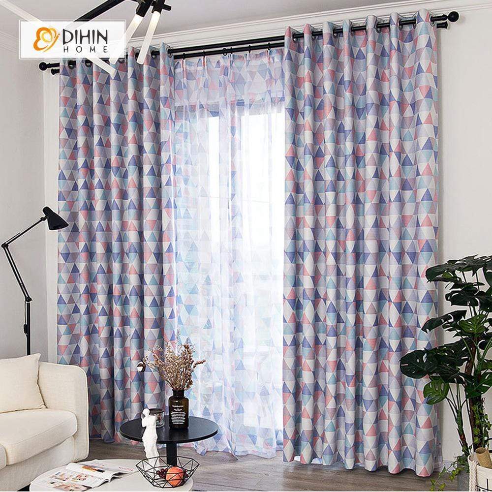 DIHINHOME Home Textile Modern Curtain DIHIN HOME Triangle Blue Printed，Blackout Grommet Window Curtain for Living Room ,52x63-inch,1 Panel