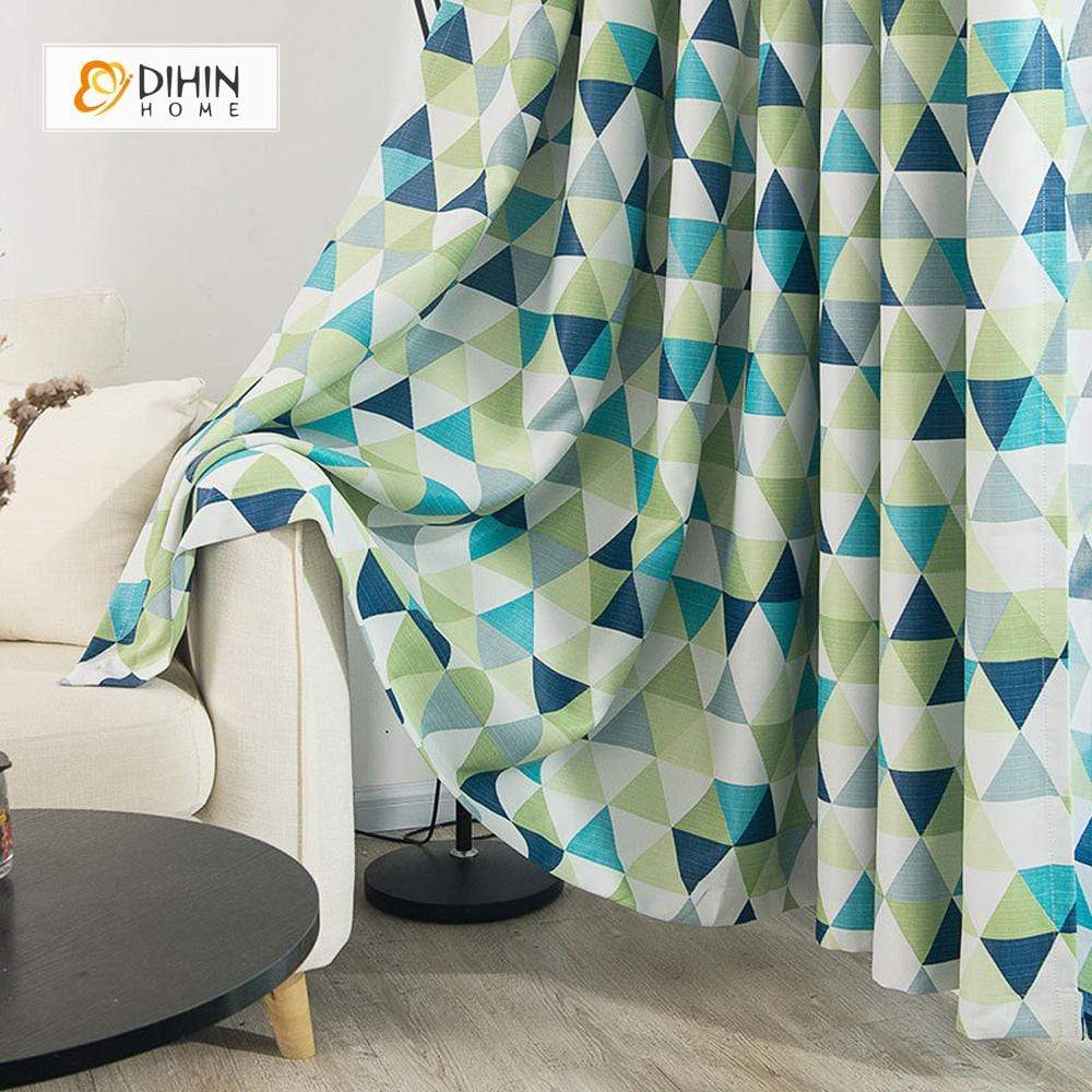 DIHINHOME Home Textile Modern Curtain DIHIN HOME Triangle Green Printed，Blackout Grommet Window Curtain for Living Room ,52x63-inch,1 Panel