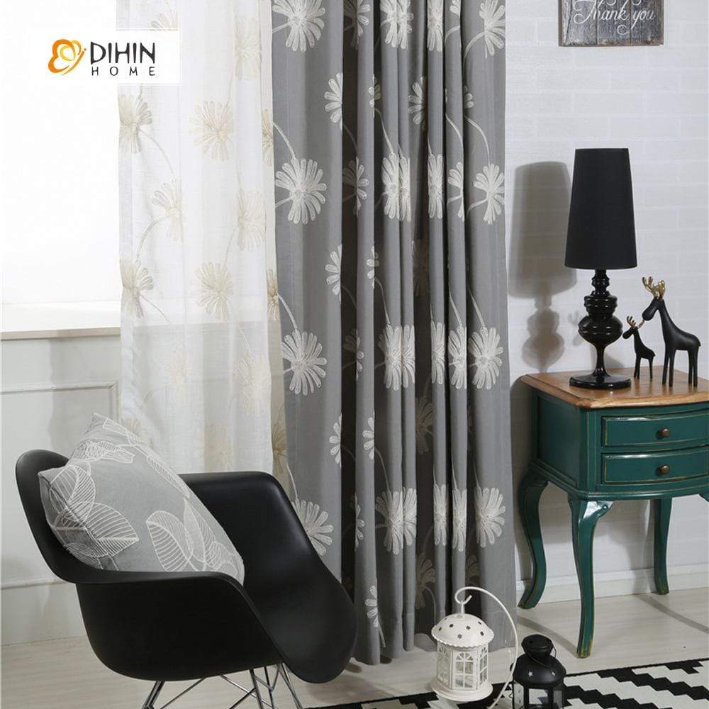 DIHINHOME Home Textile Modern Curtain DIHIN HOME White Embroidered Flower Curtains ,Cotton Linen ,Blackout Grommet Window Curtain for Living Room ,52x63-inch,1 Panel