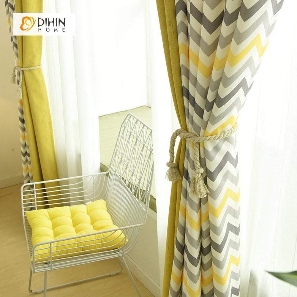 DIHINHOME Home Textile Modern Curtain DIHIN HOME Yellow and Black Stripes Printed，Blackout Grommet Window Curtain for Living Room ,52x63-inch,1 Panel