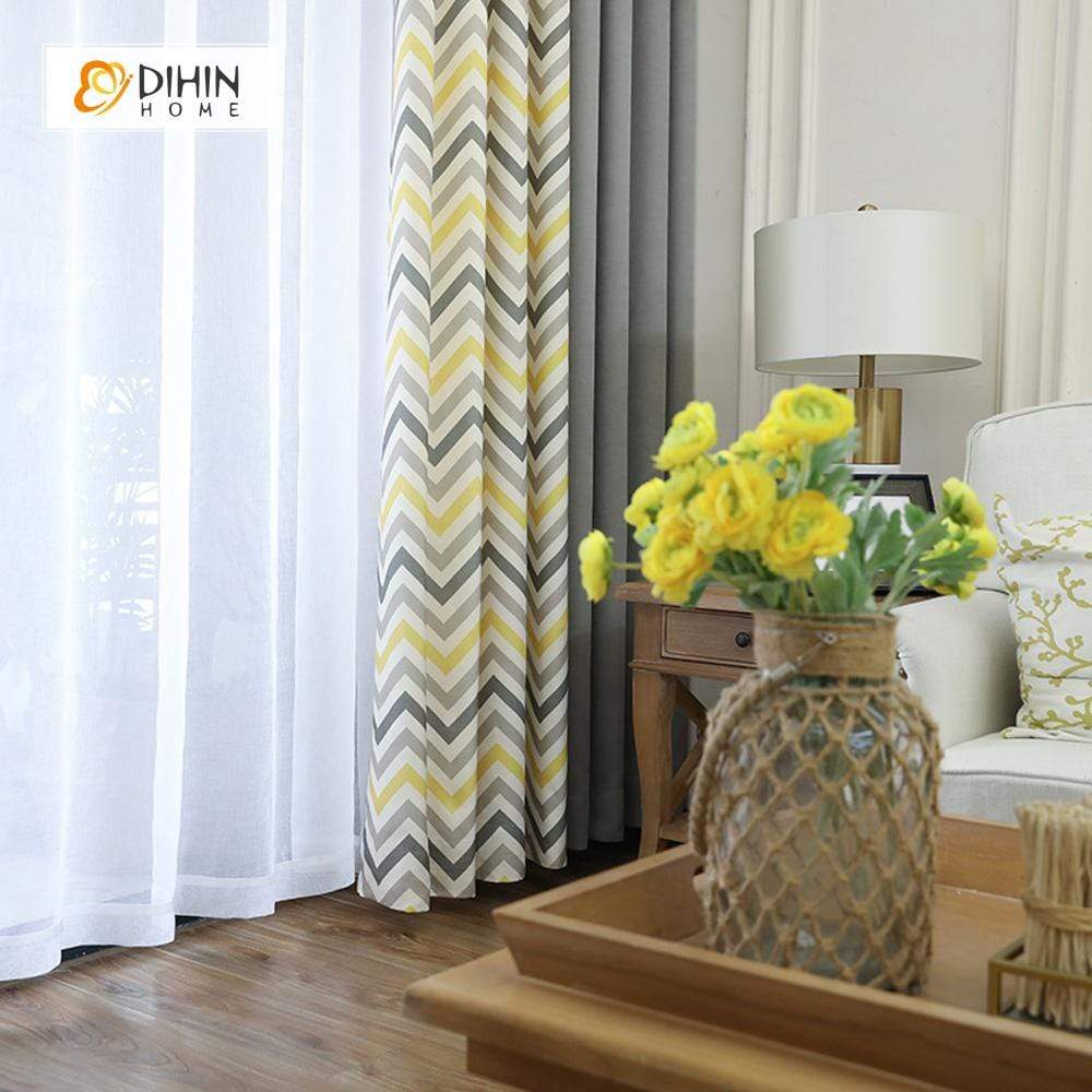 DIHINHOME Home Textile Modern Curtain DIHIN HOME Yellow Grey Black Stripes Printed，Blackout Grommet Window Curtain for Living Room ,52x63-inch,1 Panel