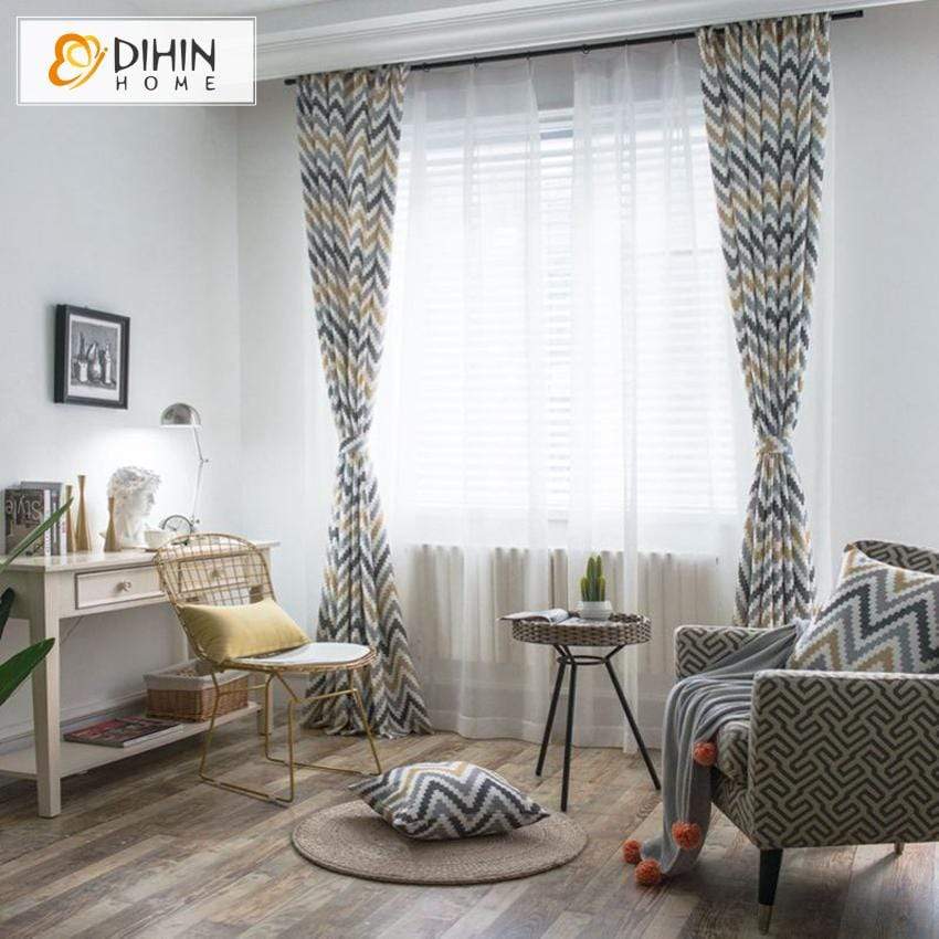 DIHINHOME Home Textile Modern Curtain DIHIN HOME Yellow Simple Lines Printed,Blackout Grommet Window Curtain for Living Room ,52x63-inch,1 Panel