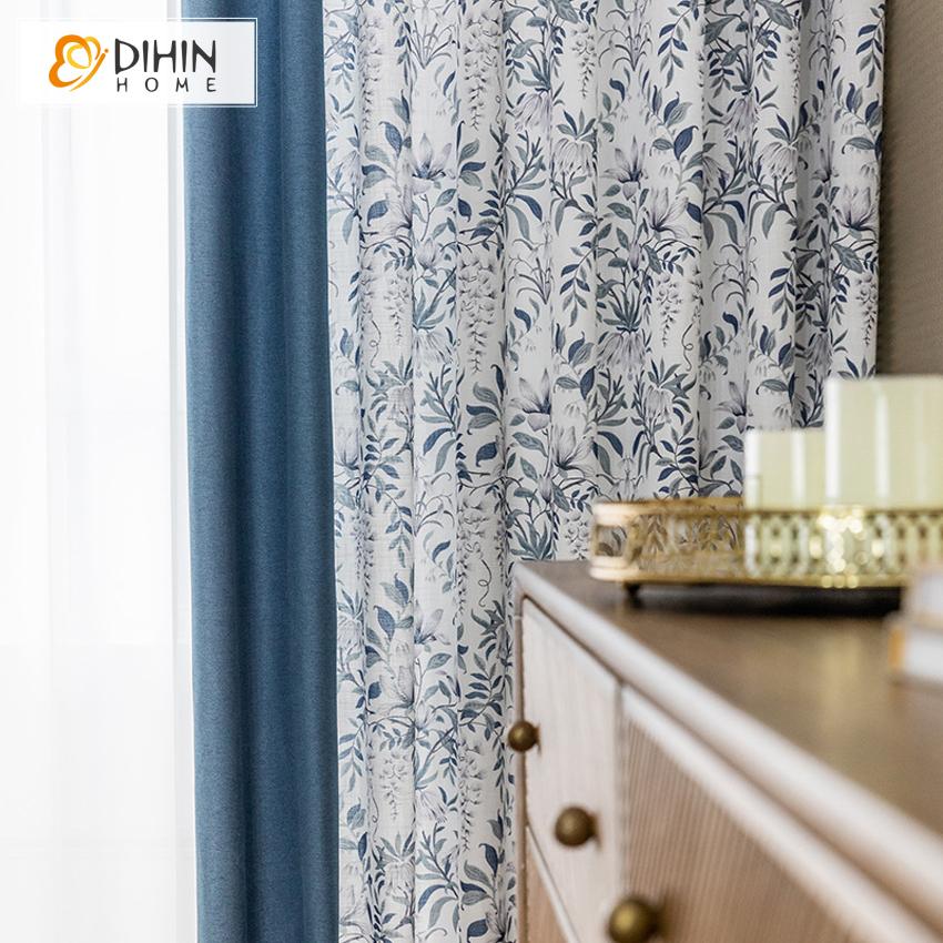 DIHINHOME Home Textile Pastoral Curtain Copy of DIHIN HOME Garden Coffee Blue Fabric Leaves Printed,Blackout Grommet Window Curtain for Living Room ,52x63-inch,1 Panel