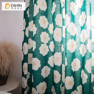 DIHINHOME Home Textile Pastoral Curtain Copy of DIHIN HOME Garden White Camellia Cotton Linen Printed,Blackout Grommet Window Curtain for Living Room ,52x63-inch,1 Panel