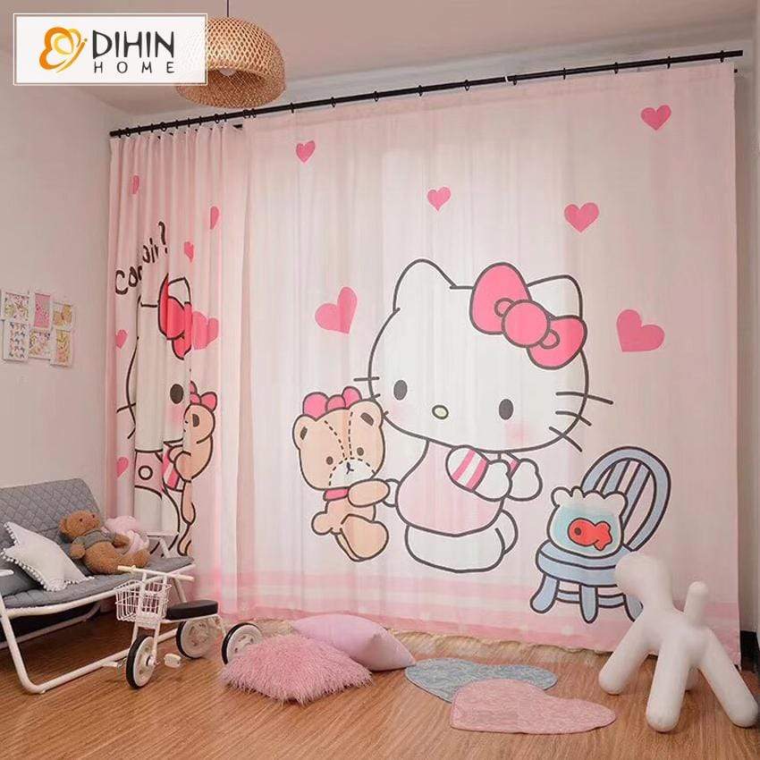 DIHINHOME Home Textile Pastoral Curtain DIHIN HOME 3D Printed Ketty Cat Blackout Curtains,Window Curtains Grommet Curtain For Living Room ,39x102-inch,2 Panels Included